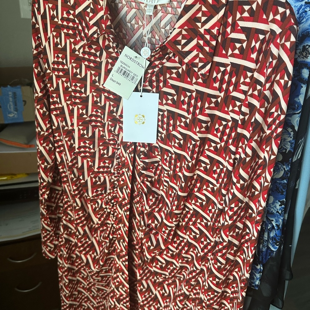 Wayf Burgundy and White Geometric Dress
